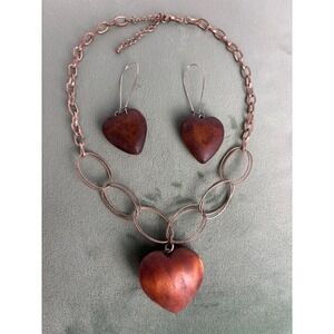 Heart Pendant Necklace & Dangle Earrings Set Wood Tone Chunky Chain Jewelry P102